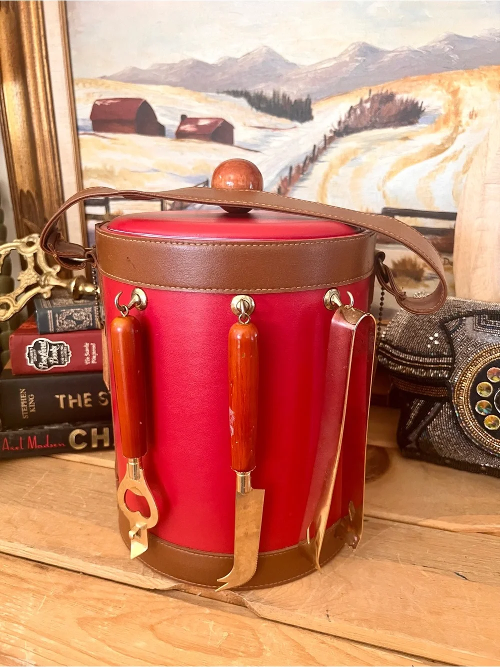 Vintage Mid Century MOD Goerges Briard RARE Red Faux Leather Ice Bucket & Tools